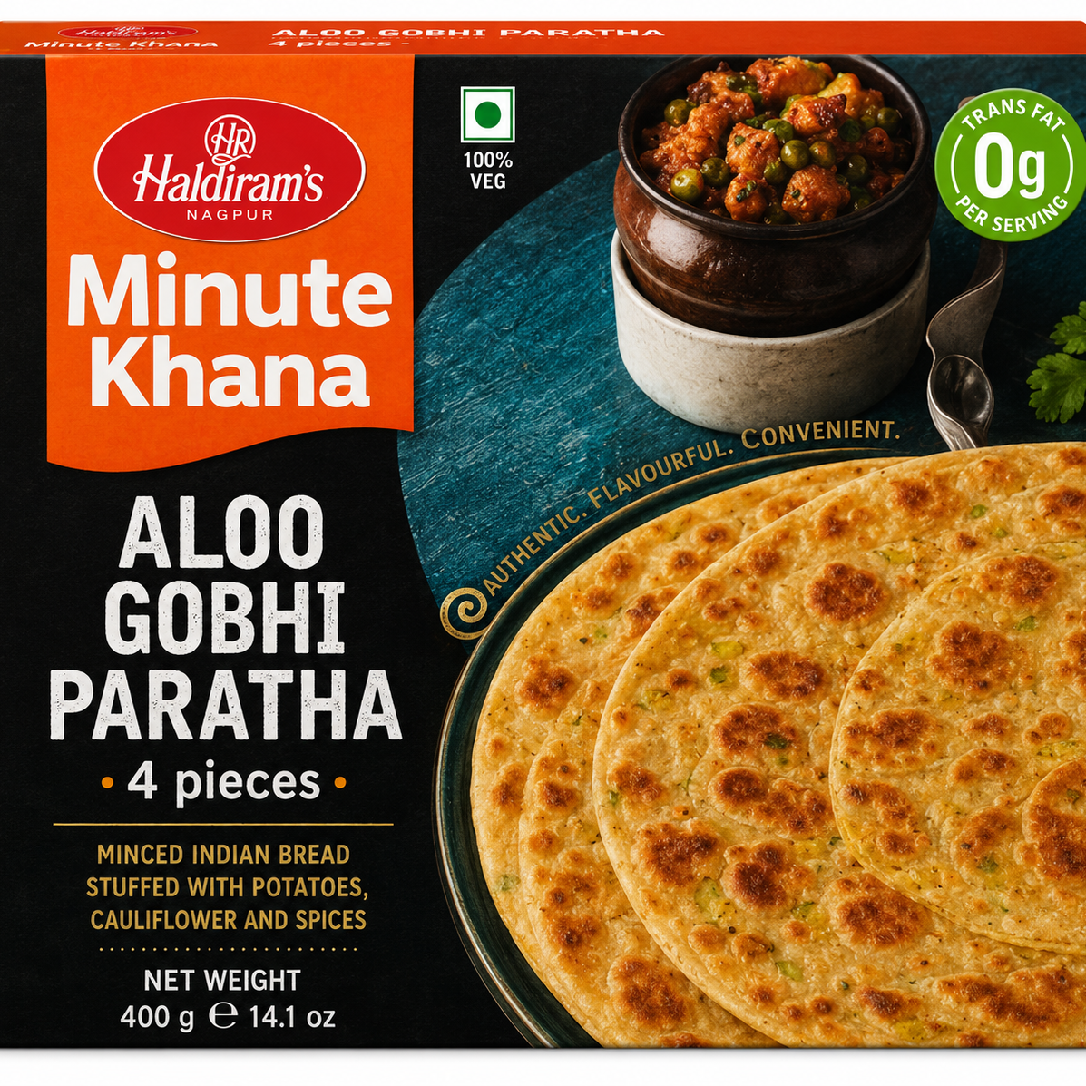 Haldiram's Minute Khana Aloo Gobhi Paratha 4-piece box, featuring a black and orange packaging design with a photo of stuffed flatbreads and a serving suggestion of chutney.
