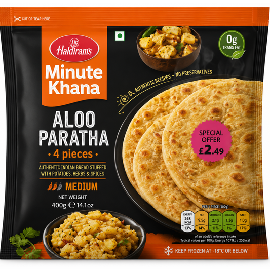 Haldimars Minute Khana Aloo Paratha 4-piece medium size packaging, featuring golden-brown parathas on the front, with orange and black branding and nutritional information at the bottom.