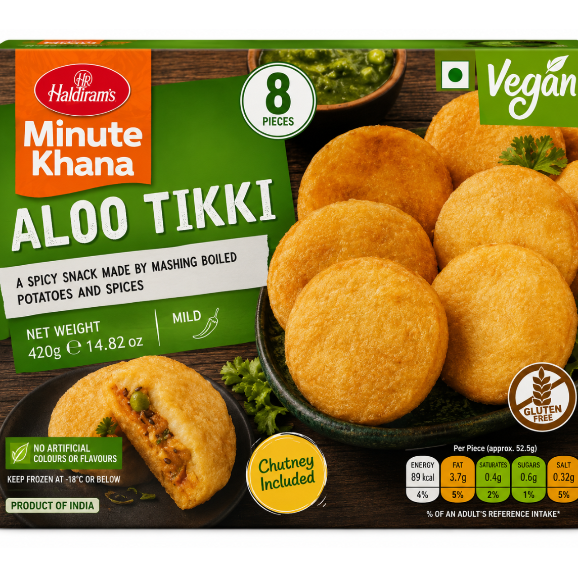 Front of a Haldiram's Minute Khana Aloo Tikki snack box, showing golden fried potato-spice balls, a chutney-filled piece, green chutney, and product text including Vegan and 8 pieces.