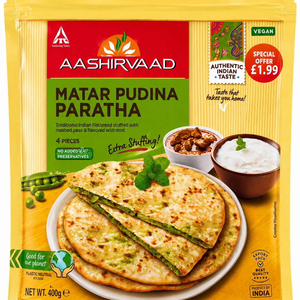A package of Aashirvaad Matar Pudina Paratha, featuring a yellow and red bag with a photo of stuffed flatbreads on a plate, shown against a plain white background.