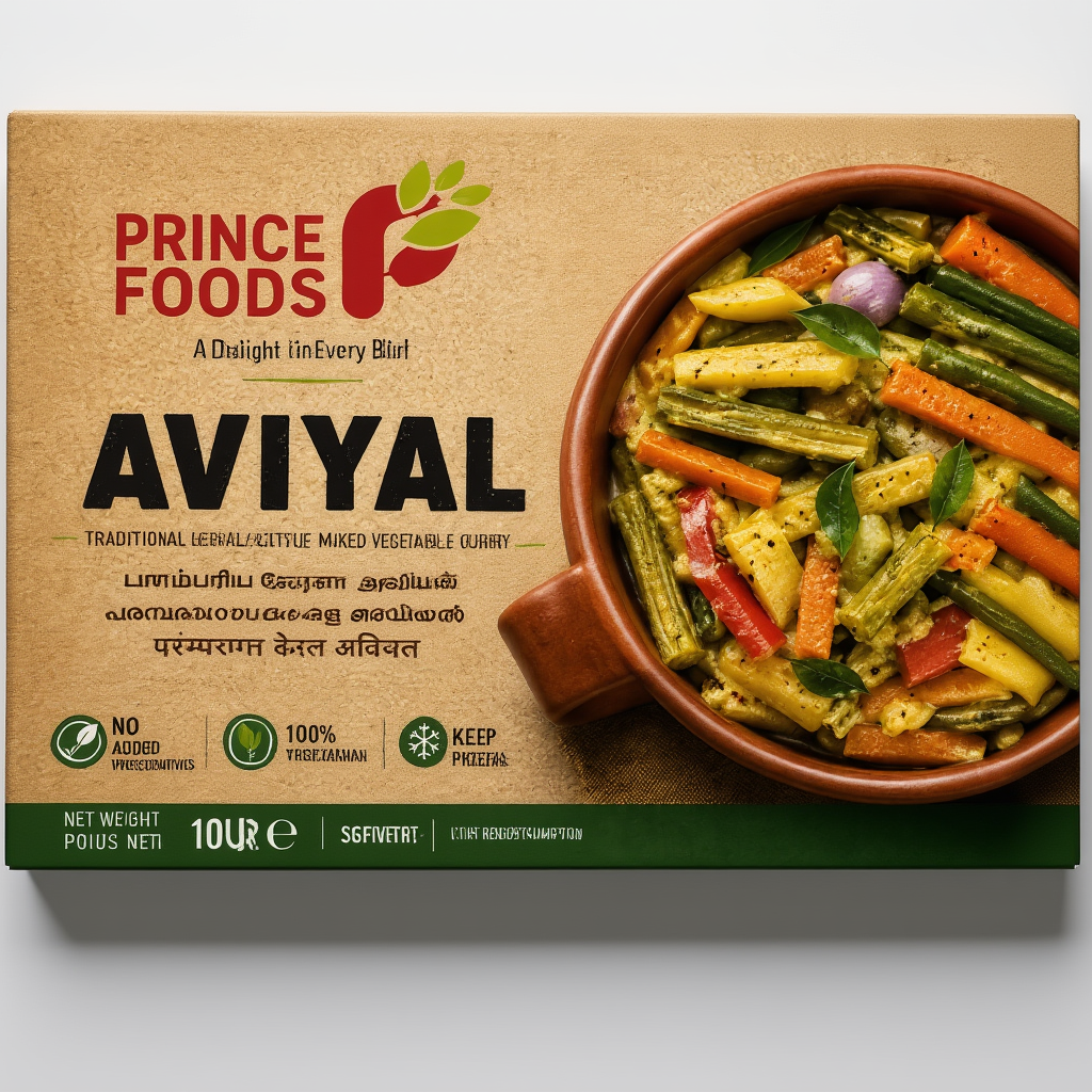 Prince Foods Aviyal Traditional Kerala Style Mixed Vegetable Curry packaging box, featuring a brown textured background, a photo of the prepared curry in a clay bowl, and product details on a green band at the bottom.
