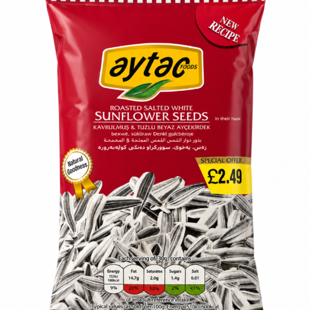 A 300g bag of Aytac Roasted Salted White Sunflower Seeds, featuring a red and yellow package design with a clear window showing the seeds inside, set against a plain white background.