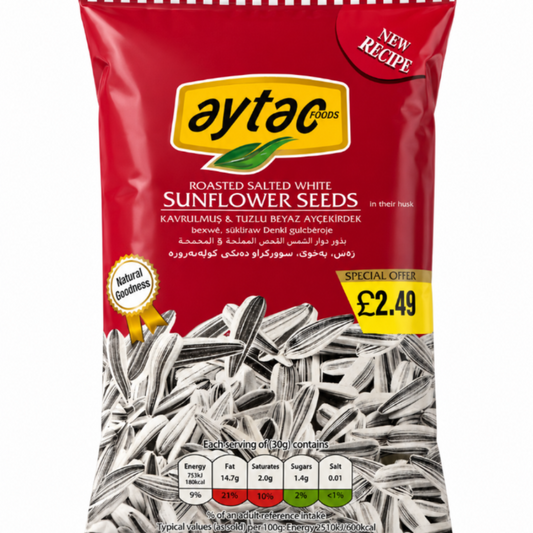 A 300g bag of Aytac Roasted Salted White Sunflower Seeds, featuring a red and yellow package design with a clear window showing the seeds inside, set against a plain white background.