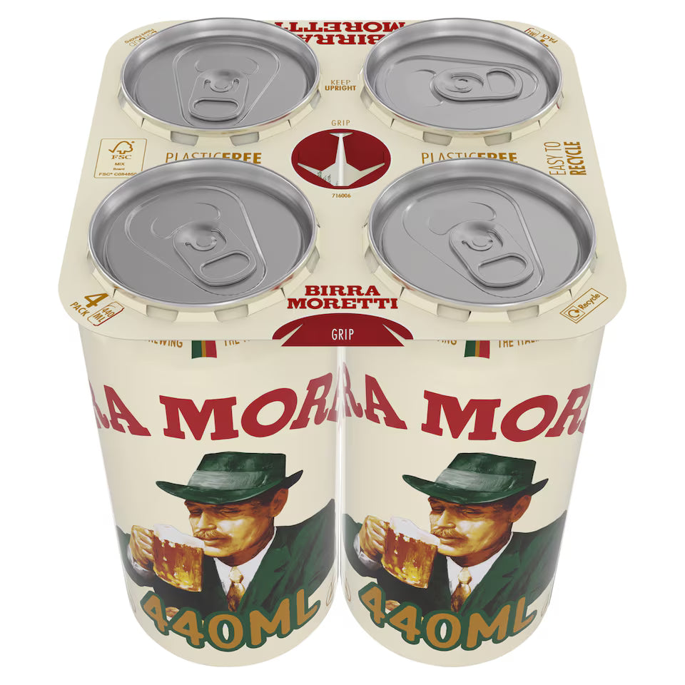 A four-pack of Birra Moretti Grip non-alcoholic beer cans in a 440ml size, featuring a cream-colored design with red lettering and an illustration of a man in a green hat holding a beer mug.