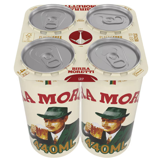 A four-pack of Birra Moretti Grip non-alcoholic beer cans in a 440ml size, featuring a cream-colored design with red lettering and an illustration of a man in a green hat holding a beer mug.
