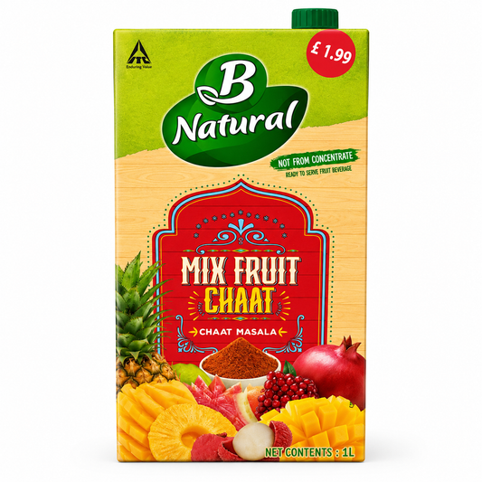 A 1L carton of B Natural Mix Fruit Chaat Masala, featuring a green and beige design with illustrations of fruits like pineapple, mango, and pomegranate, and a red price sticker showing £1.99.