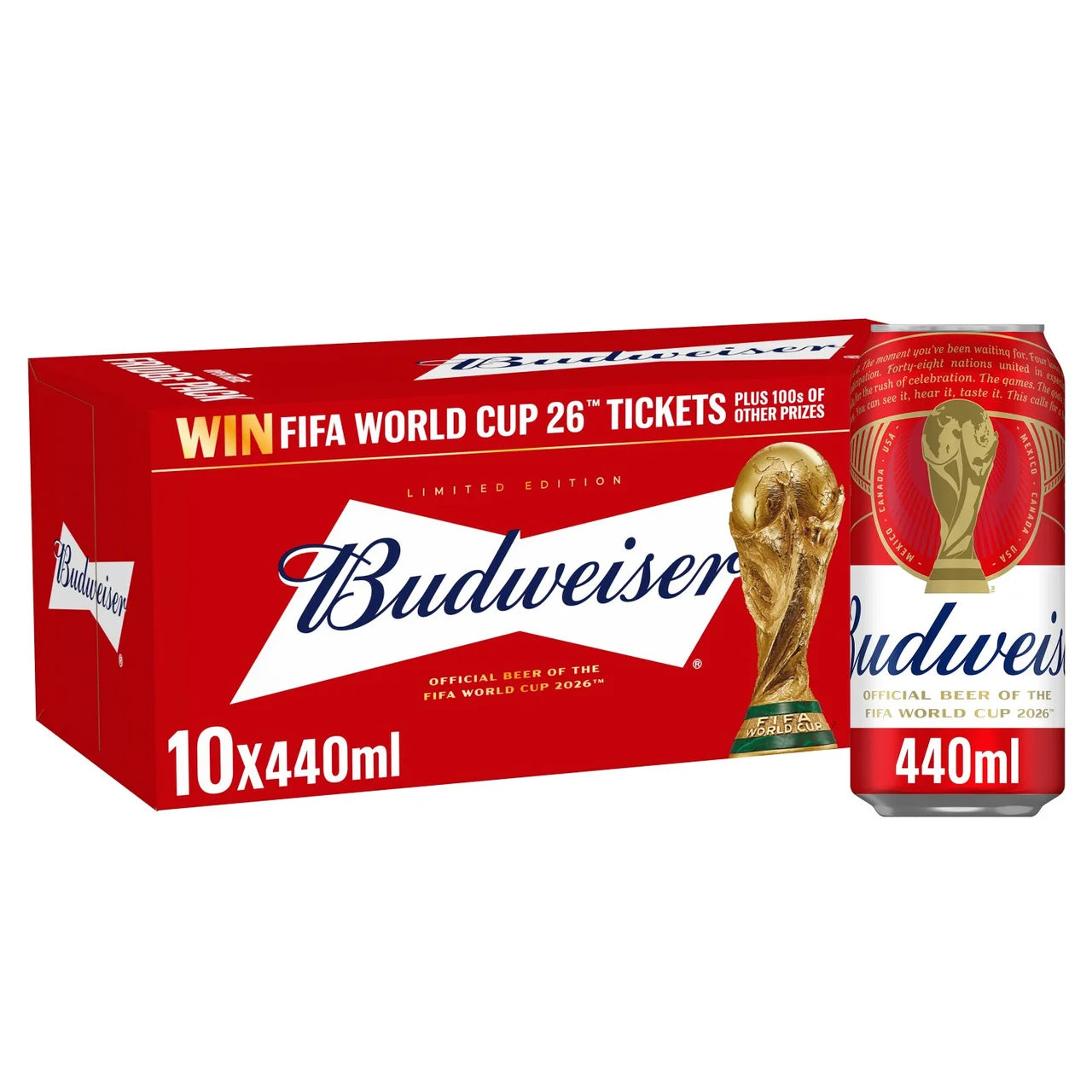 Budweiser FIFA World Cup 2026 limited edition packaging showing a red 10-pack box and one can with the World Cup trophy graphic on a white background.