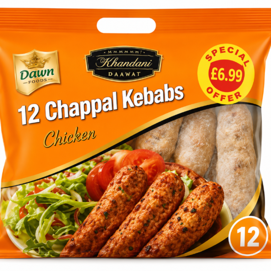 A package of Dawn Khandani Daawat 12 Chicken Chappal Kebabs, featuring an orange bag with a photo of the cooked kebabs and salad on the front, alongside promotional text.