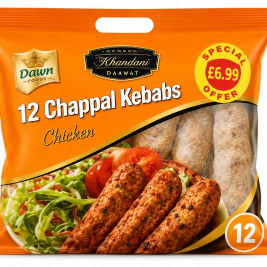 A package of Dawn Khandani Daawat 12 Chicken Chappal Kebabs, featuring an orange bag with a photo of the cooked kebabs and salad on the front, alongside promotional text.