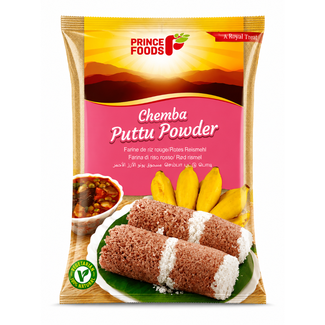 A package of Prince Foods Chemba Puttu Powder, featuring a yellow and pink design with a sunset background, showing images of the prepared puttu on a plate with bananas and a dipping sauce bowl.