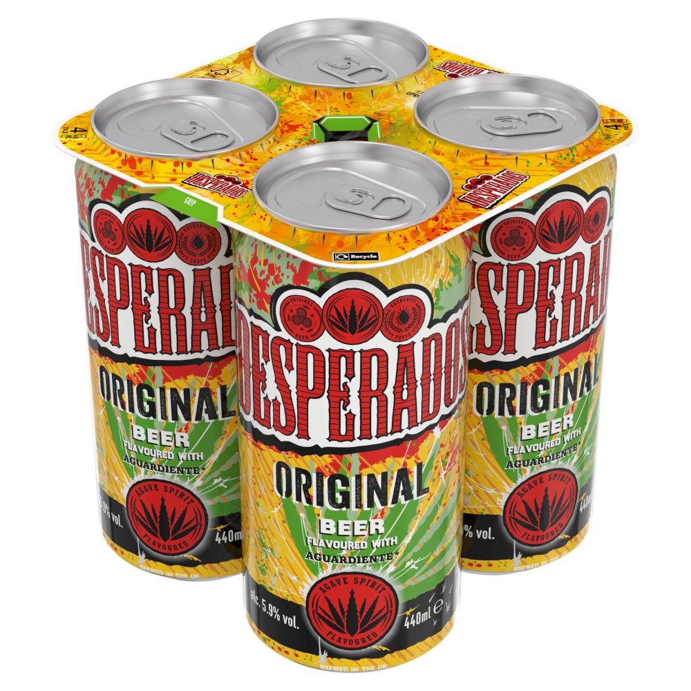 Four cans of Desperados beer in a six-pack container on a white background