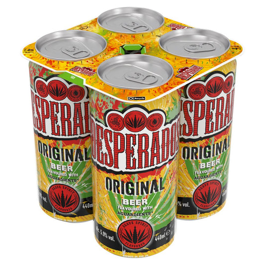 Four cans of Desperados beer in a six-pack container on a white background