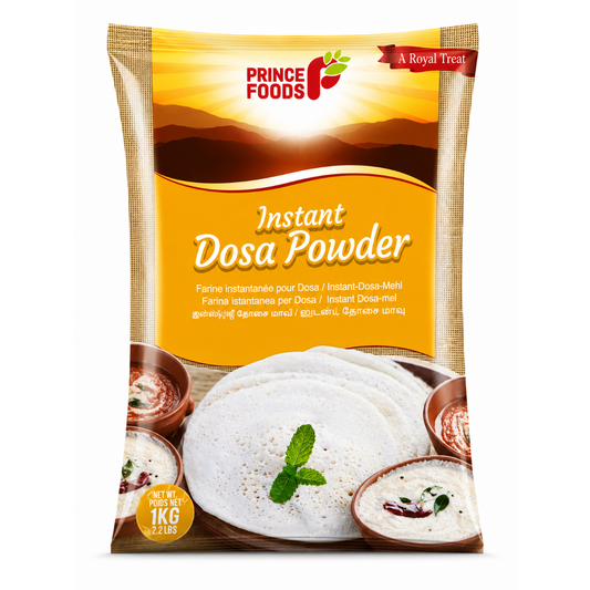 A 1kg bag of Prince Foods Instant Dosa Powder, featuring a golden-yellow and brown packaging design with a depiction of dosa and chutney.