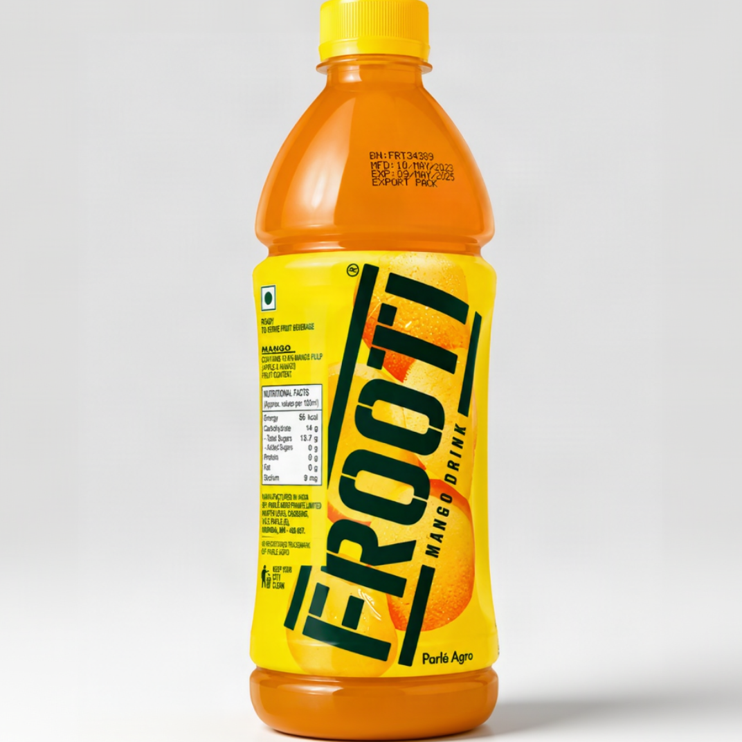 A bottle of Frooti Mango Drink by Parle Agro, featuring a bright yellow label with bold black lettering and an orange-yellow mango drink visible inside, topped with a yellow cap, on a white background.