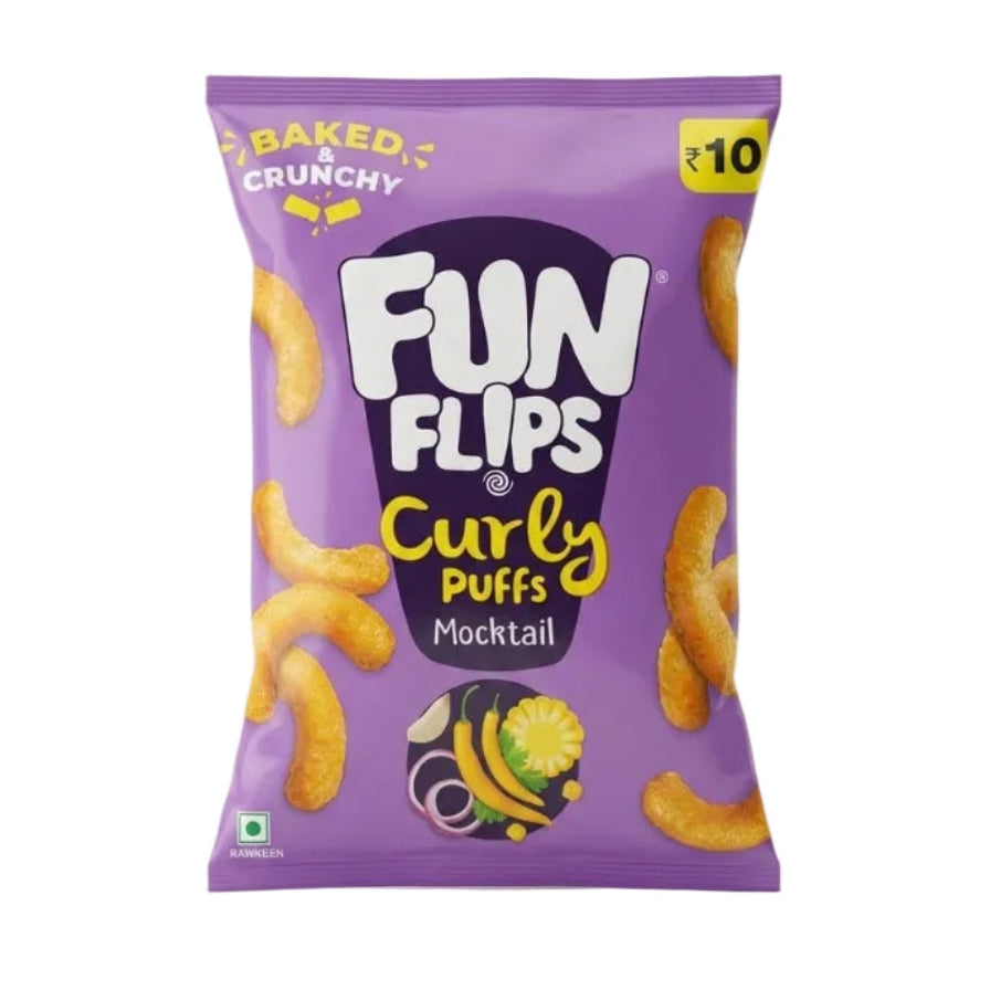 A purple bag of Fun Flips Curly Puffs Mocktail snack, featuring the brand logo in white and yellow, with illustrations of golden-brown curly puffs and a small honeycomb icon on a clean white background.
