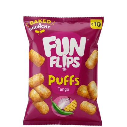 A bag of Fun Flips Puffs in Tango flavor, featuring a deep magenta packaging with illustrations of golden-brown puffs, a chili pepper, and an onion, set against a light gray background.