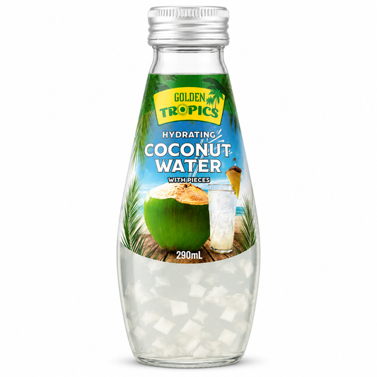 A 290mL glass bottle of Golden Tropics Hydrating Coconut Water with pieces, featuring a green and blue label with a coconut and a glass of coconut water, filled with white coconut cubes, on a white background.