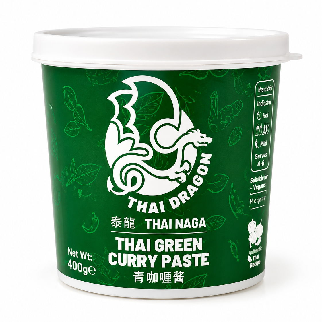A 400g tub of Thai Dragon Thai Green Curry Paste on a clean white background. The packaging features a dark green label with a white stylized dragon logo and product text.