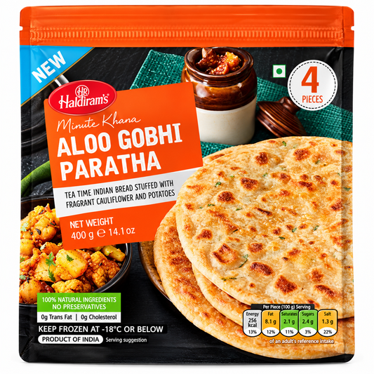 A package of Haldiram's Minute Khana Aloo Gobhi Paratha, featuring a stack of baked stuffed flatbreads on the front, with an orange and black bag design and a '4 Pieces' badge.