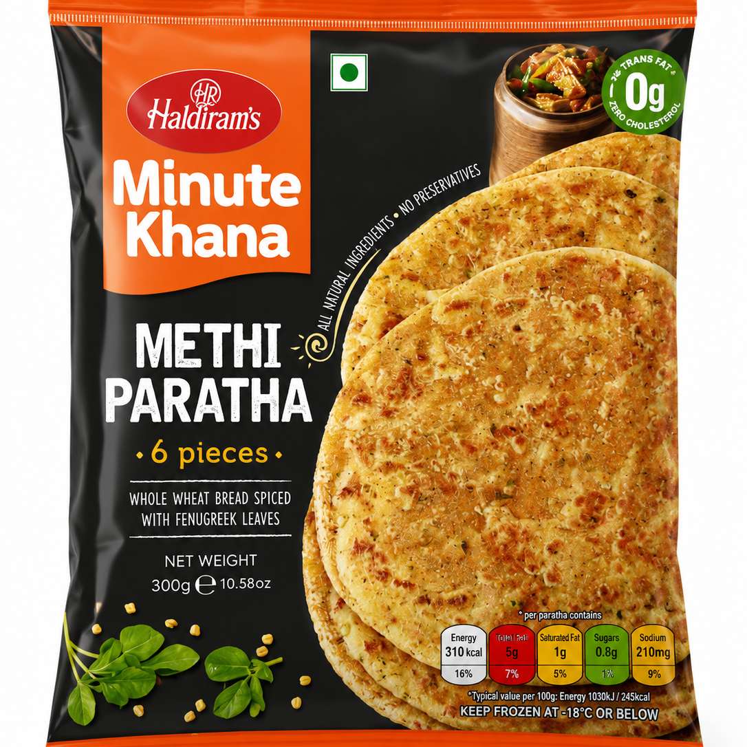 A package of Haldiram's Minute Khana Methi Paratha, featuring a stack of golden-brown baked flatbreads on the front of the black and orange packaging.