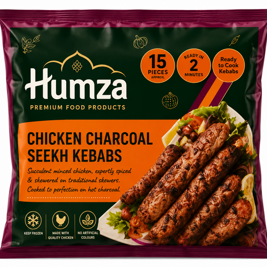 A package of Humza Chicken Charcoal Seekh Kebabbs, featuring a dark green and orange label with a photo of cooked kebabs on the front, set against a plain white background.