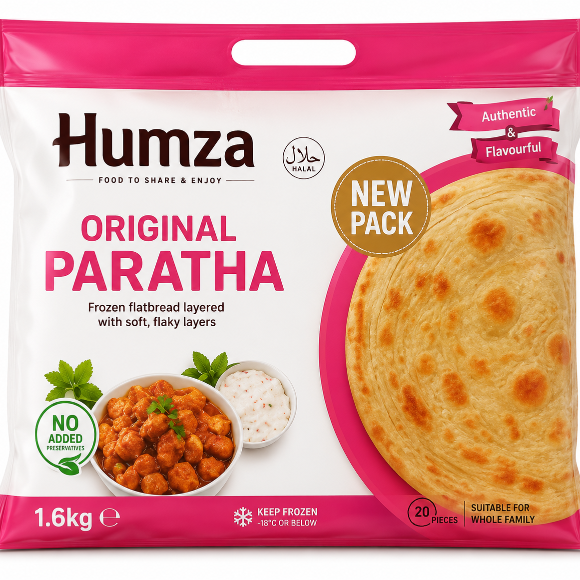 A 1.6kg package of Humza Original Paratha, featuring a white and pink bag with a large photo of golden-brown parathas on the right, and a bowl of parathas with chutney on the left.