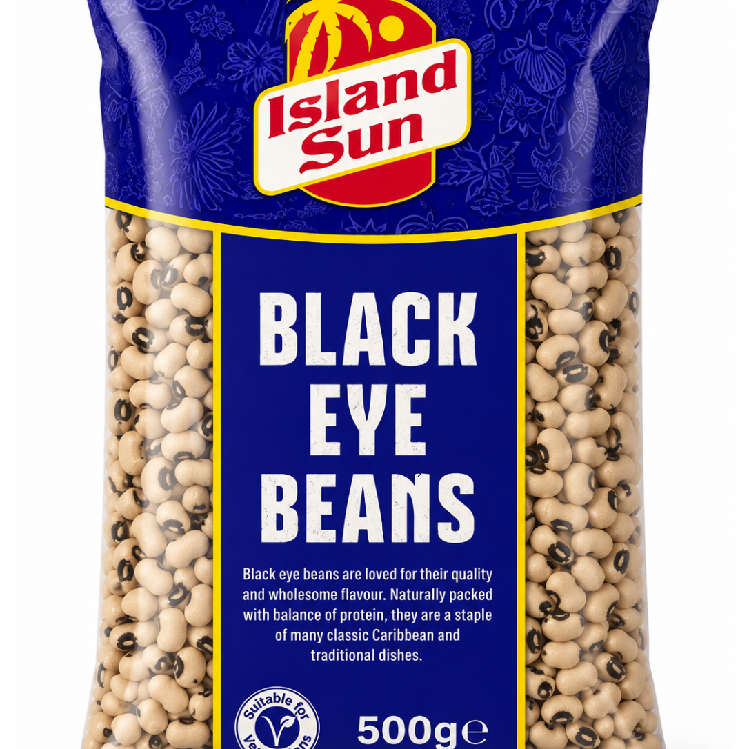A 500g bag of Island Sun Black Eye Beans on a plain white background. The packaging is dark blue with a red and yellow Island Sun logo, and clear windows on both sides showing the black-and-beige beans inside.