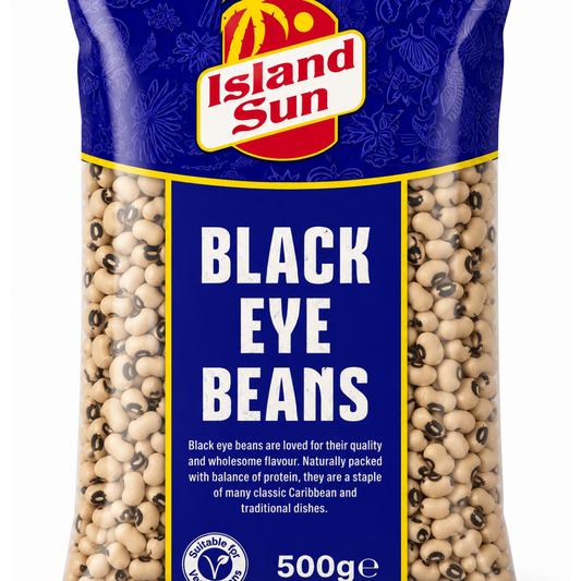 A 500g bag of Island Sun Black Eye Beans on a plain white background. The packaging is dark blue with a red and yellow Island Sun logo, and clear windows on both sides showing the black-and-beige beans inside.