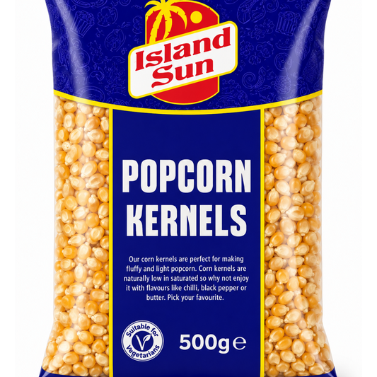 A 500g bag of Island Sun Popcorn Kernels, featuring a blue and yellow packaging design with a palm tree logo, set against a plain white background.