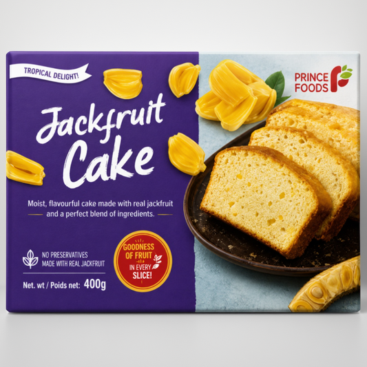 Prince Foods Tropical Delight Jackfruit Cake packaging box, featuring a purple brand panel with white script text and yellow jackfruit illustrations, alongside a photo of sliced golden jackfruit cake on a plate.