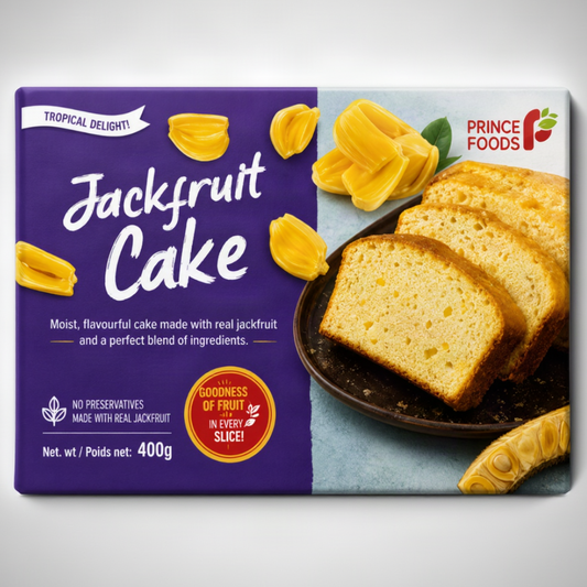 Prince Foods Tropical Delight Jackfruit Cake packaging box, featuring a purple brand panel with white script text and yellow jackfruit illustrations, alongside a photo of sliced golden jackfruit cake on a plate.