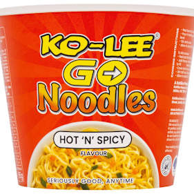 A cup of Ko-Lee Go Noodles in the Hot 'N' Spicy flavor, featuring a bright orange-red cup with yellow and white branding and a bowl of noodles pictured on the front.