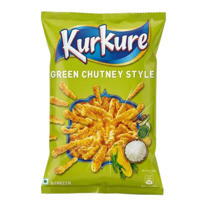 A bag of Namkeen Kurkure Green Chutney Style snack chips on a plain white background.