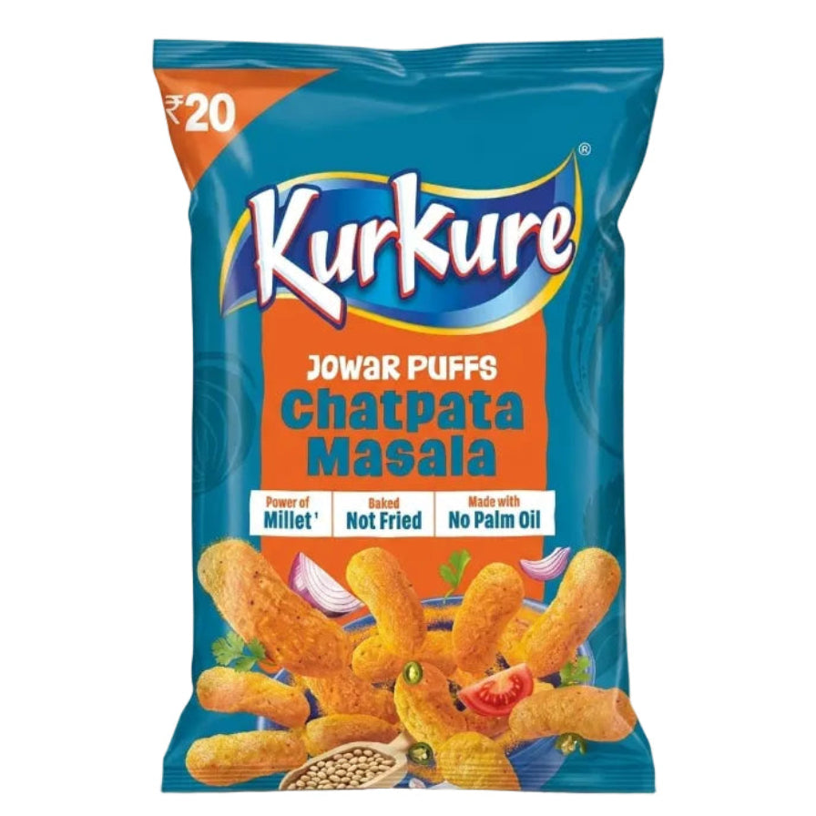 A bag of Kurkure Jowar Puffs Chatpata Masala snack chips on a light cream background. The packaging is primarily blue with a large orange label, featuring the white and blue Kurkure logo, product details, and an illustration of golden-brown fried puffs at the bottom.