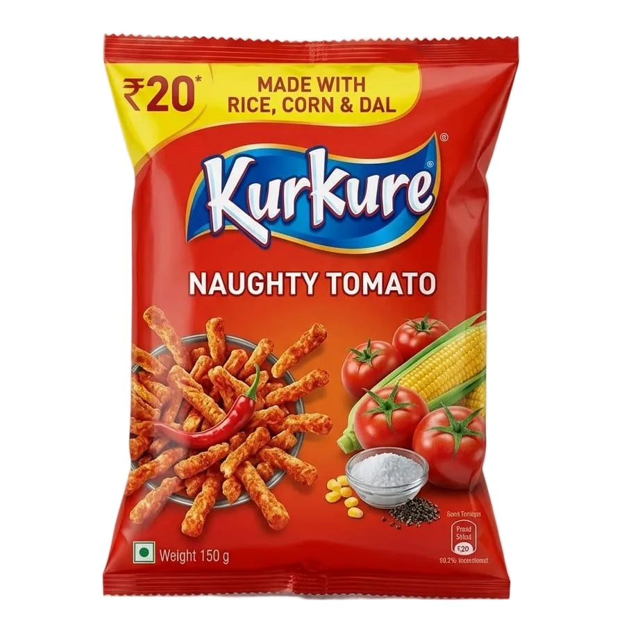 A 150g bag of Kurkure Naughty Tomato snack chips on a plain white background. The packaging is predominantly red with a yellow banner at the top, featuring the blue and white Kurkure logo, product name, and illustrations of tomatoes, corn, and spices.