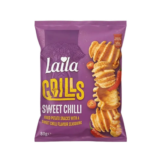 A bag of Laila Grills Sweet Chilli fried potato snacks, featuring a purple packaging design with yellow and white text and an image of wavy, red-chilli-seasoned chips on the right side.