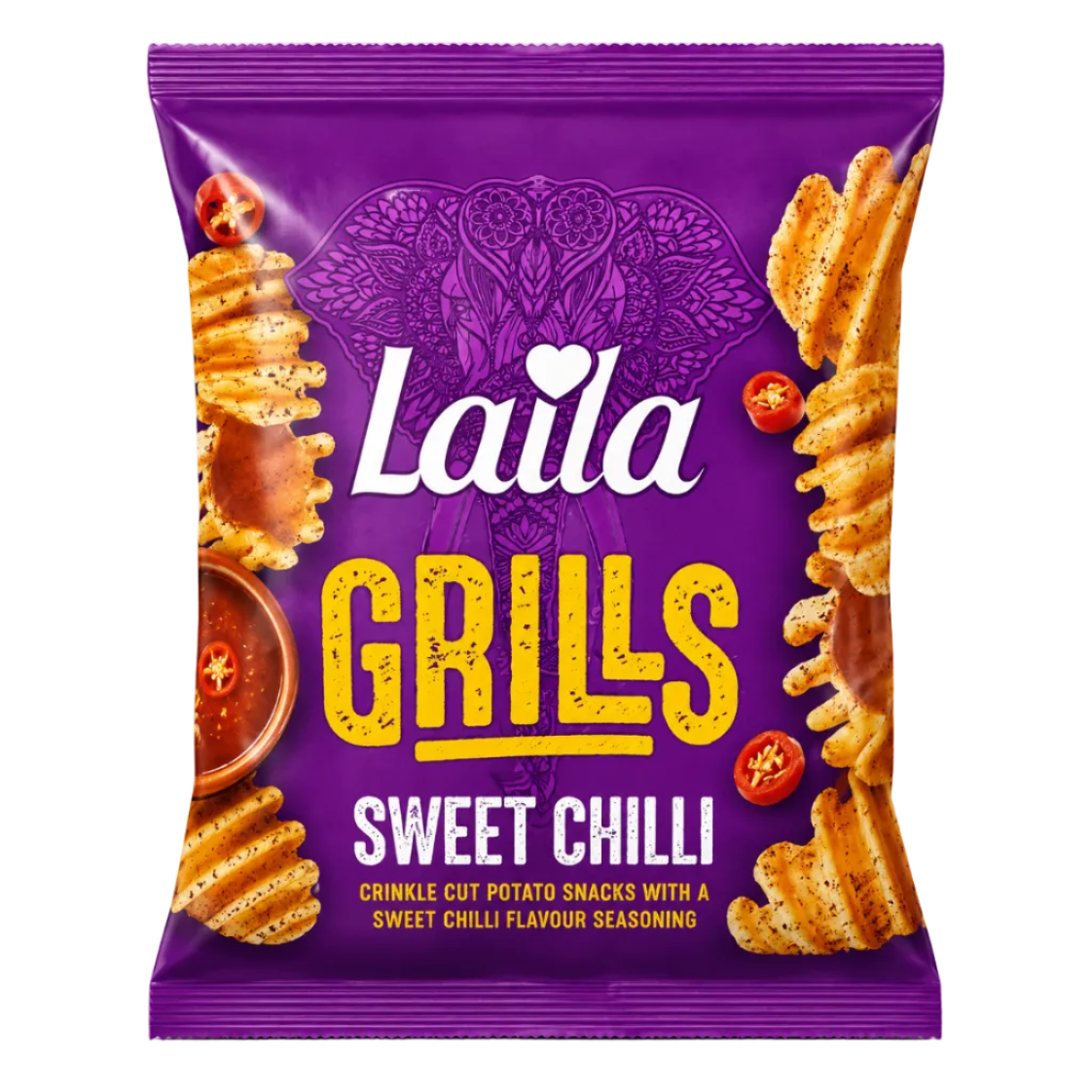 A bag of Laila Grills Sweet Chilli potato chips on a plain white background. The packaging is predominantly purple with yellow and white text, and features images of golden-brown crinkle-cut potato chips with red chili slices.