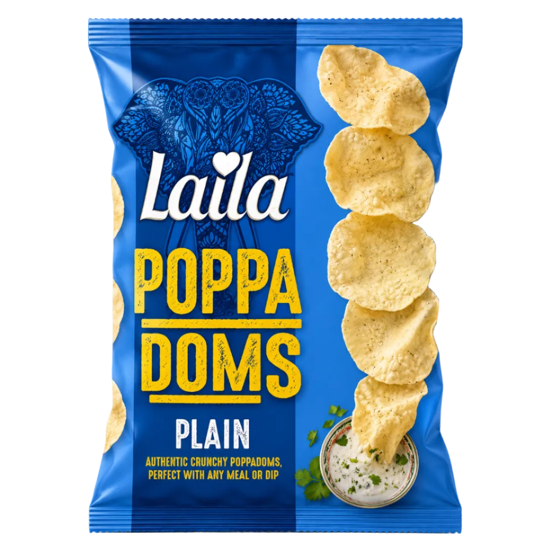 A bag of Laila Poppa Doms Plain potato chips on a white background. The packaging is bright blue with a dark blue elephant graphic, white and yellow text, and a vertical stack of golden-yellow potato chips on the right side.
