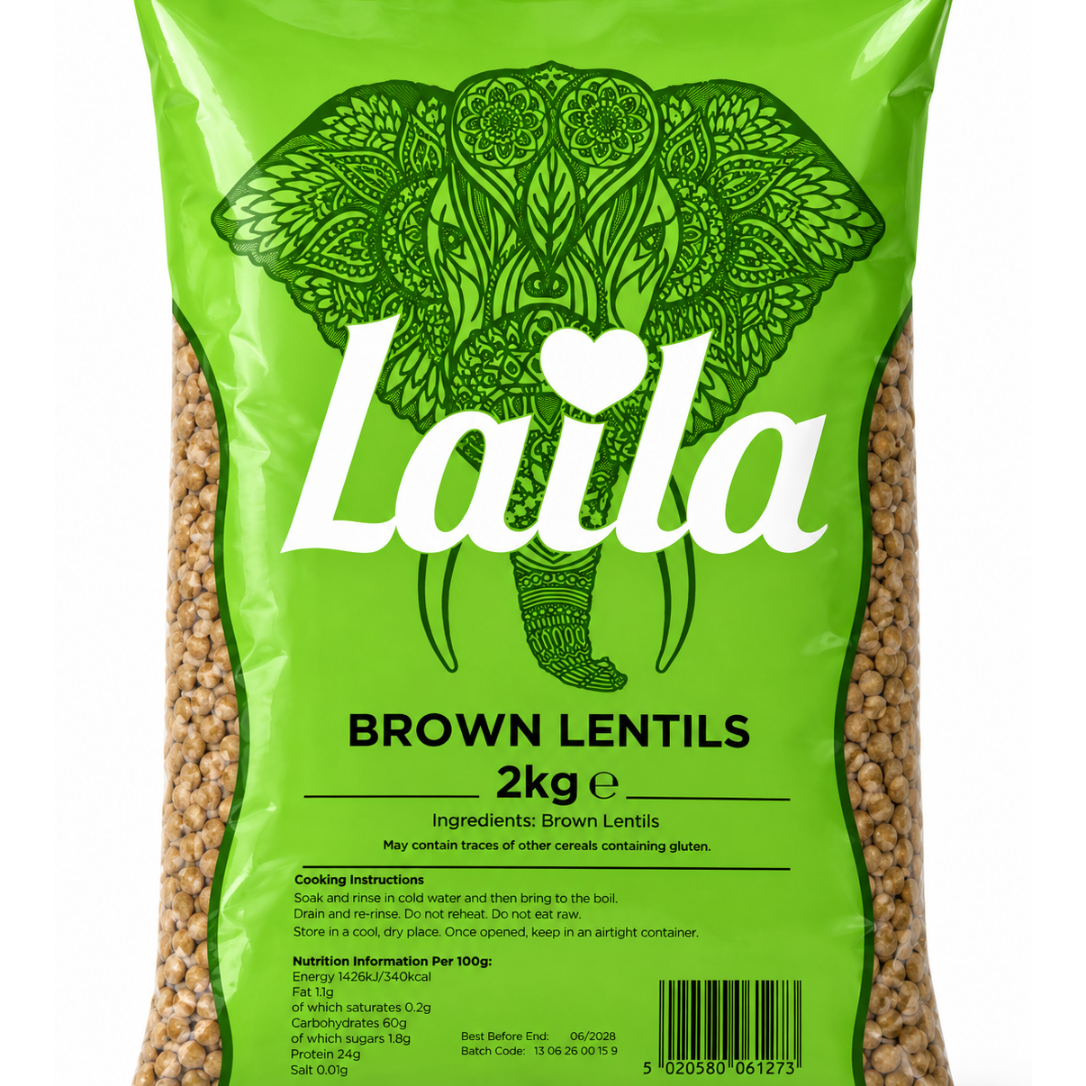 A 2kg bag of Laila Brown Lentils, featuring a bright green packaging design with a large green elephant illustration and white 'Laila' branding.