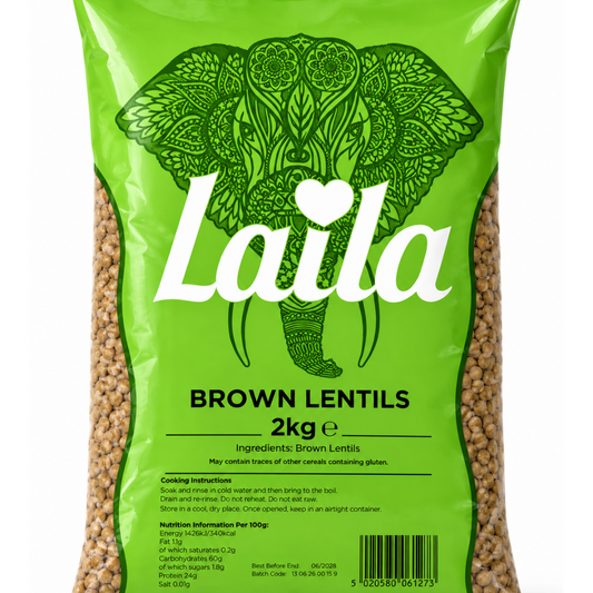 A 2kg bag of Laila Brown Lentils, featuring a bright green packaging design with a large green elephant illustration and white 'Laila' branding.