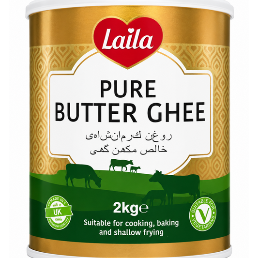 A 2kg canister of Laila Pure Butter Ghee, featuring a gold and white label with a red heart logo and green cow illustrations on a white background.