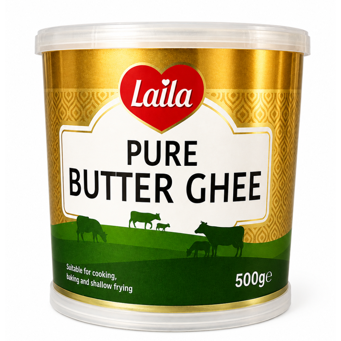 A 500g tub of Laila Pure Butter Ghee, featuring a gold and green label with cow silhouettes and a red heart logo with the brand name 'Laila' in white.