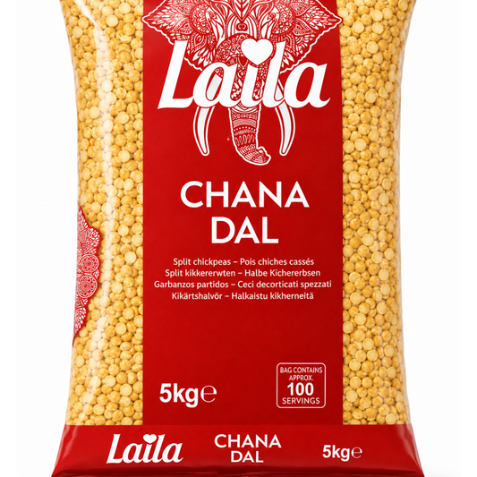 A 5kg bag of Laila Chana Dal split chickpeas, featuring a red packaging design with an elephant logo and yellow chickpea grains visible through clear side panels.