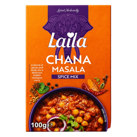 Laila Chana Masala Spice Mix packaging box, 100g. The box features a vibrant orange background with a purple elephant silhouette, white brand text, and a photo of the prepared chickpea curry at the bottom.