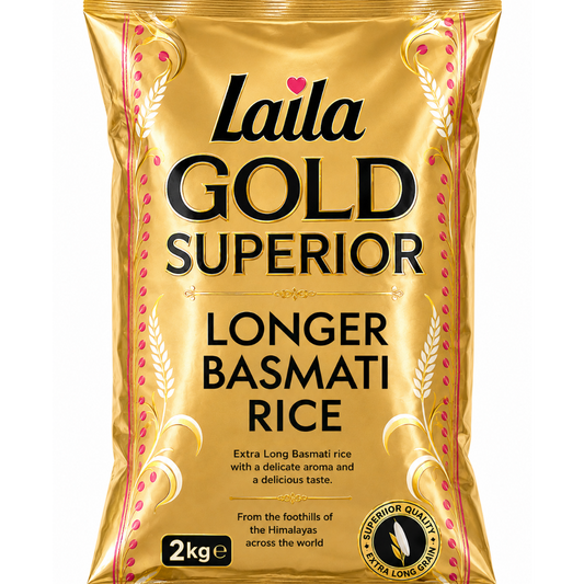 A 2 kg bag of Laila Gold Superior Longer Basmati Rice, featuring a metallic gold packaging design with black and pink text and decorative wheat motifs.