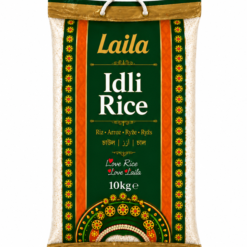 A 10kg bag of Laila Idli Rice on a plain white background. The packaging features a dark green central label with gold and white text, flanked by vertical bands of green, gold, and white patterned borders, with a white hanging loop at the top.