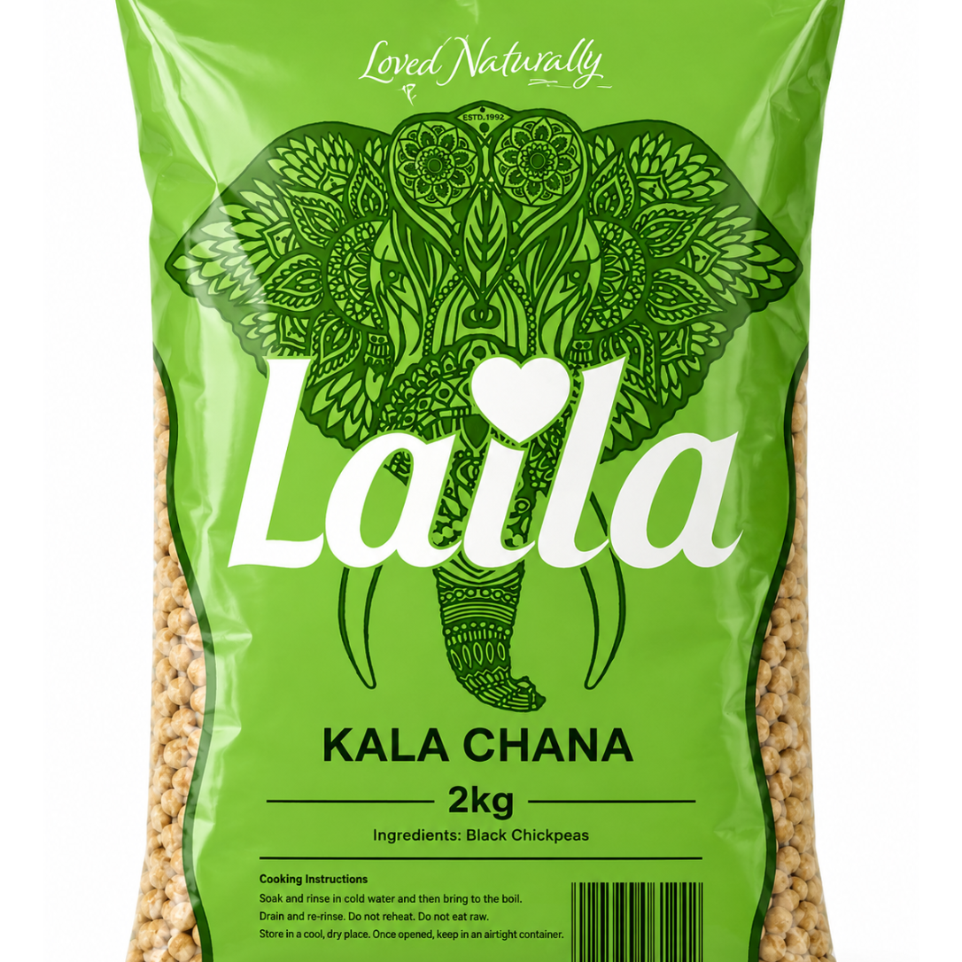 A 2kg bag of Laila Kala Chana (black chickpea) in a bright green stand-up pouch with an illustrated elephant design and the brand name 'Laila' in white.