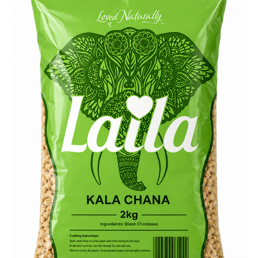 A 2kg bag of Laila Kala Chana (black chickpea) in a bright green stand-up pouch with an illustrated elephant design and the brand name 'Laila' in white.