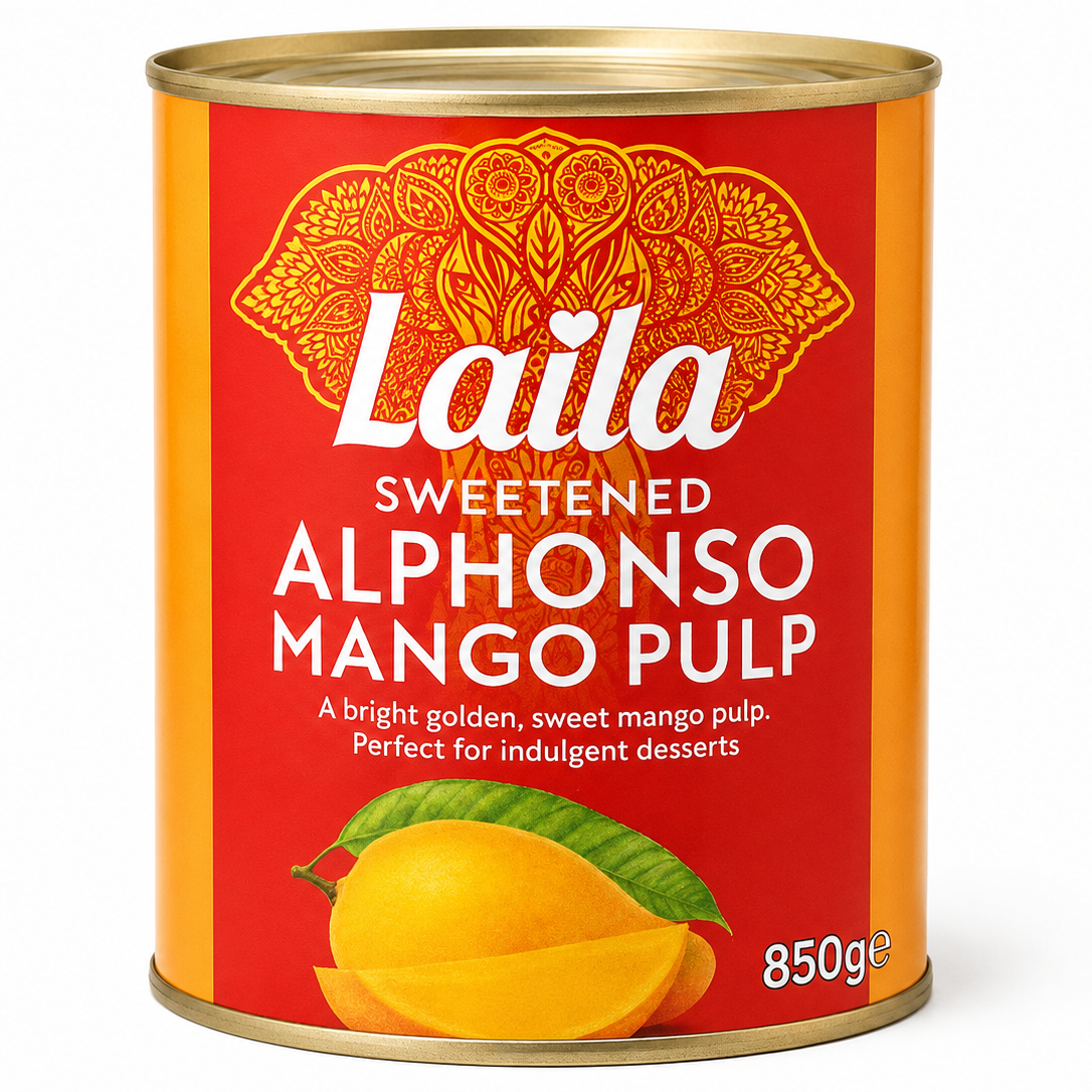 A 850g can of Laila Sweetened Alphonso Mango Pulp, featuring a bright red label with an orange mandala design, white text, and a graphic of a sliced mango with a green leaf, set against a plain white background.
