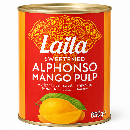 A 850g can of Laila Sweetened Alphonso Mango Pulp, featuring a bright red label with an orange mandala design, white text, and a graphic of a sliced mango with a green leaf, set against a plain white background.